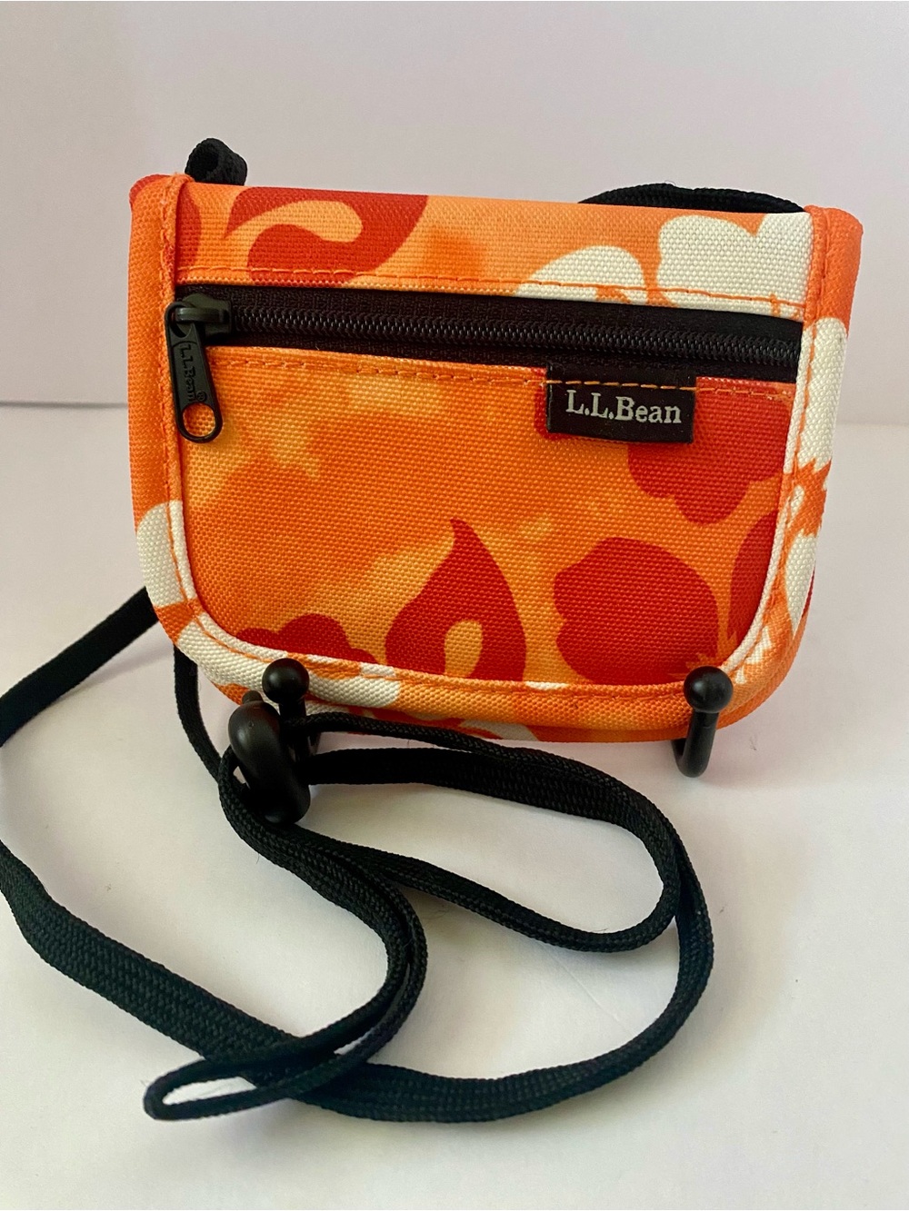L.L.Bean Orange Floral Mini Crossbody Pouch with Black Strap